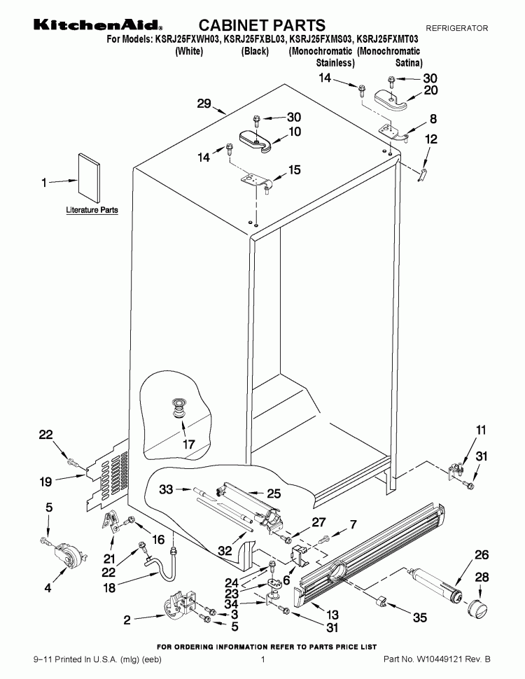CABINET PARTS Diagram and Parts List for KSRJ25FXMS03  KitchenAid Refrigerator