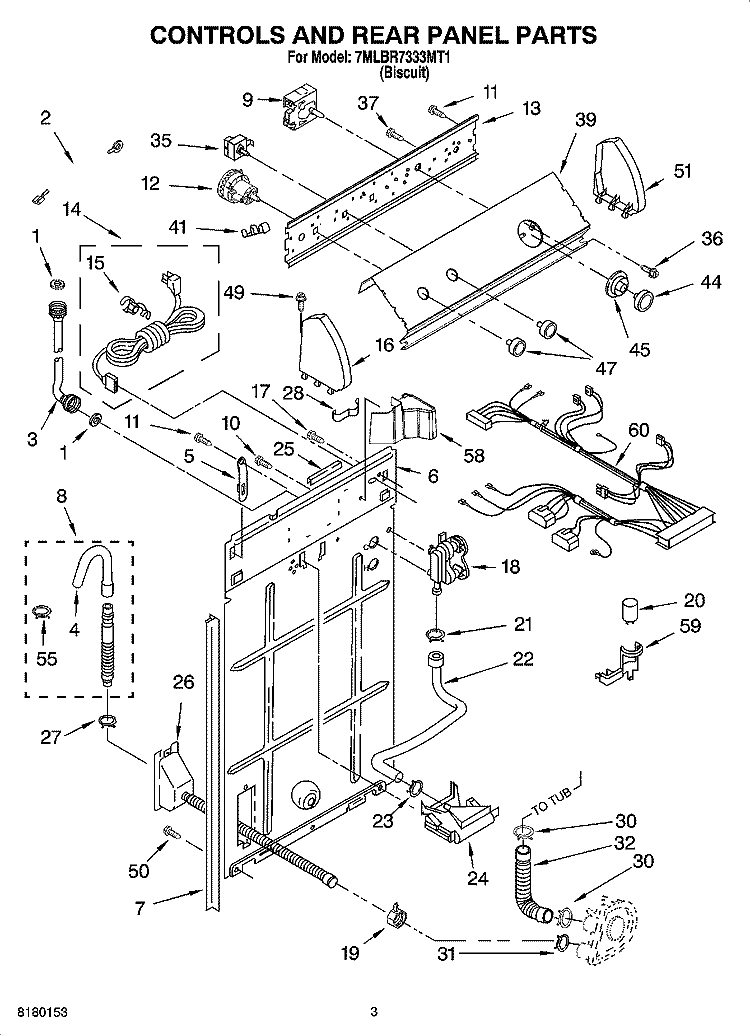 CONTROLS AND REAR PANEL PARTS Diagram and Parts List for 7MLBR7333MT1  Whirlpool Washer