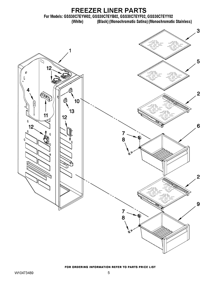 FREEZER LINER PARTS Diagram and Parts List for GSS30C7EYF02  Whirlpool Refrigerator