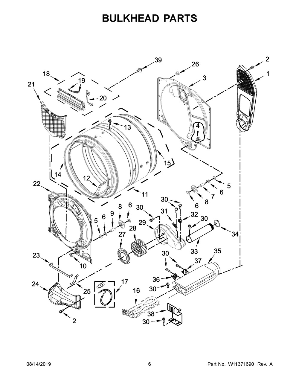 Bulkhead Parts Diagram and Parts List for YIED5900HW1  Whirlpool Dryer