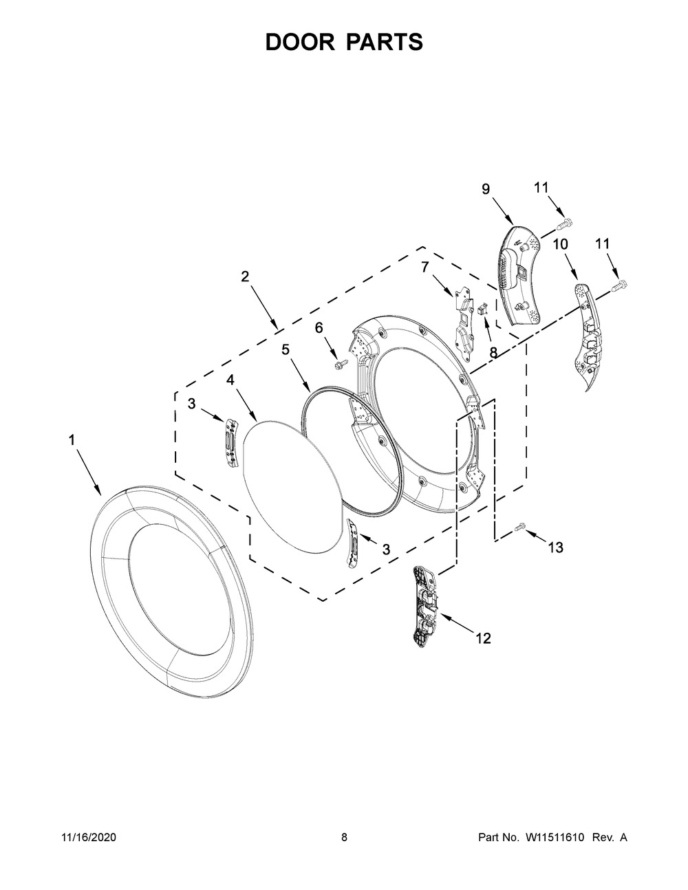 Door Parts Diagram and Parts List for WED6620HC2  Whirlpool Dryer