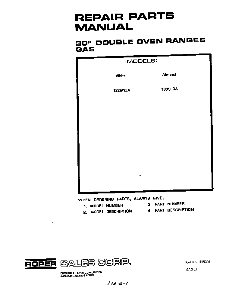 Front Cover Diagram and Parts List for 1835*3A  Roper Range