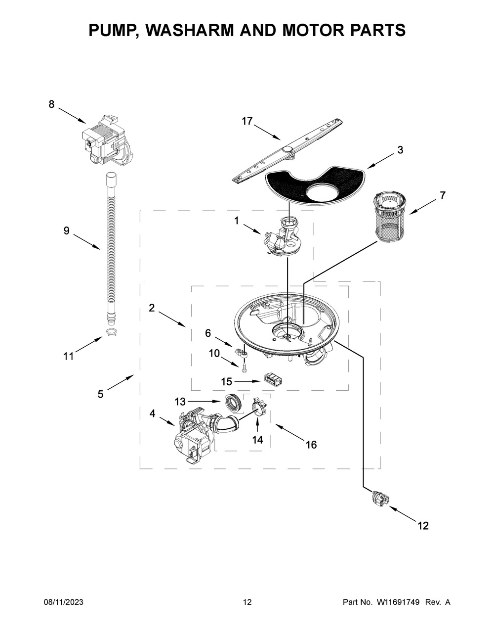 Pump, Washarm And Motor Parts Diagram and Parts List for WDF341PAPT0  Whirlpool Dishwasher