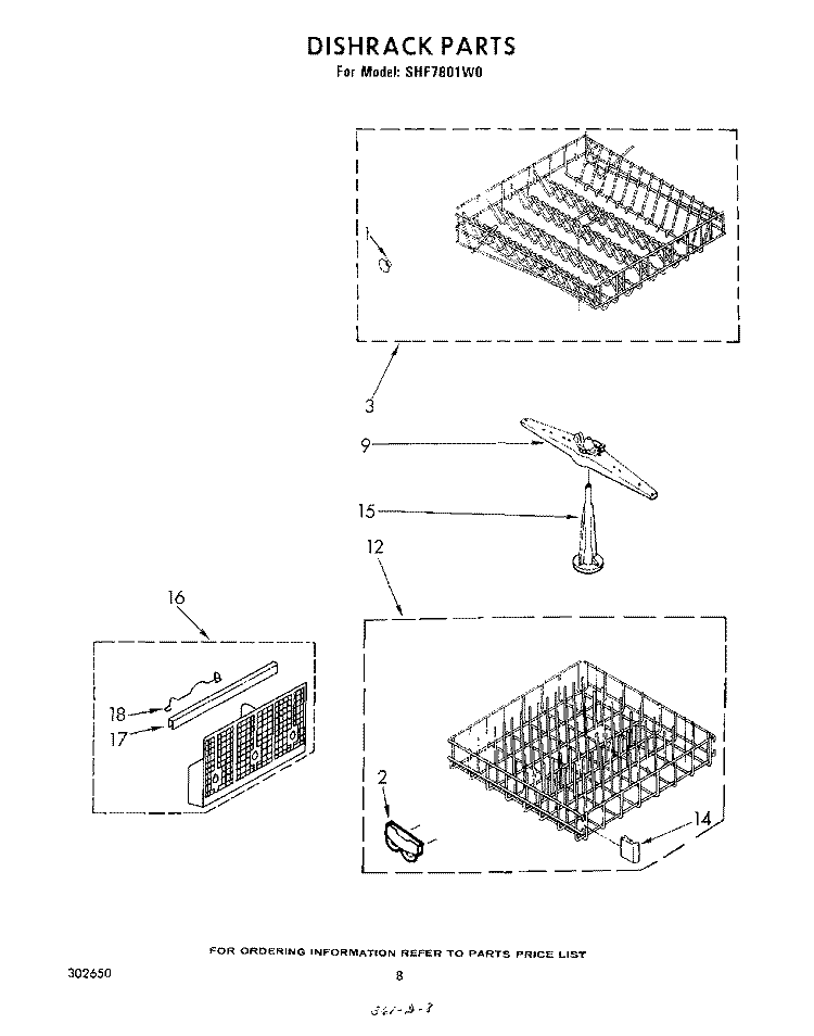 DISHRACK Diagram and Parts List for SHF7801W0  Whirlpool Dishwasher