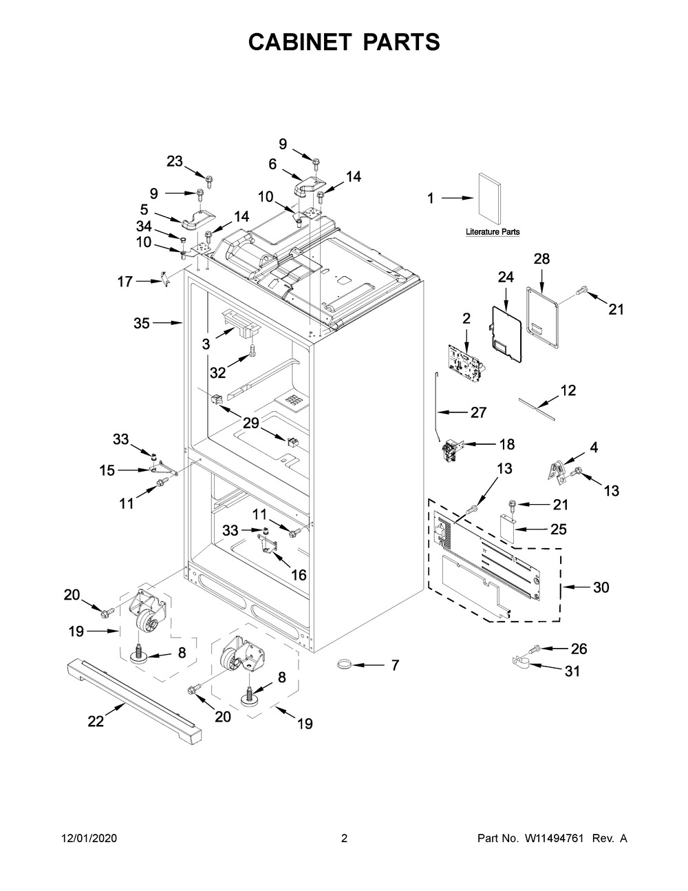 Cabinet Parts Diagram and Parts List for KRFF507HWH02  Whirlpool Refrigerator