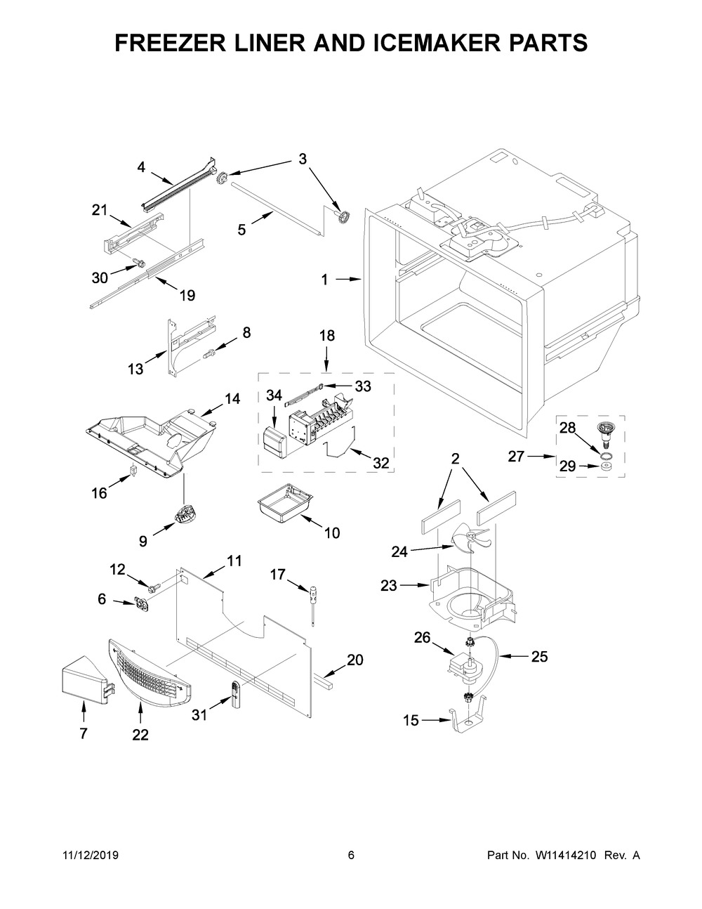 Freezer Liner And Icemaker Parts Diagram and Parts List for WRFA35SWHN02  Whirlpool Refrigerator