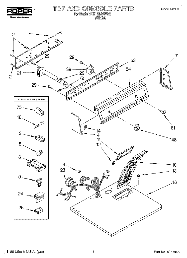 TOP AND CONSOLE, LIT/OPTIONAL Diagram and Parts List for RGL3612BW3  Roper Dryer