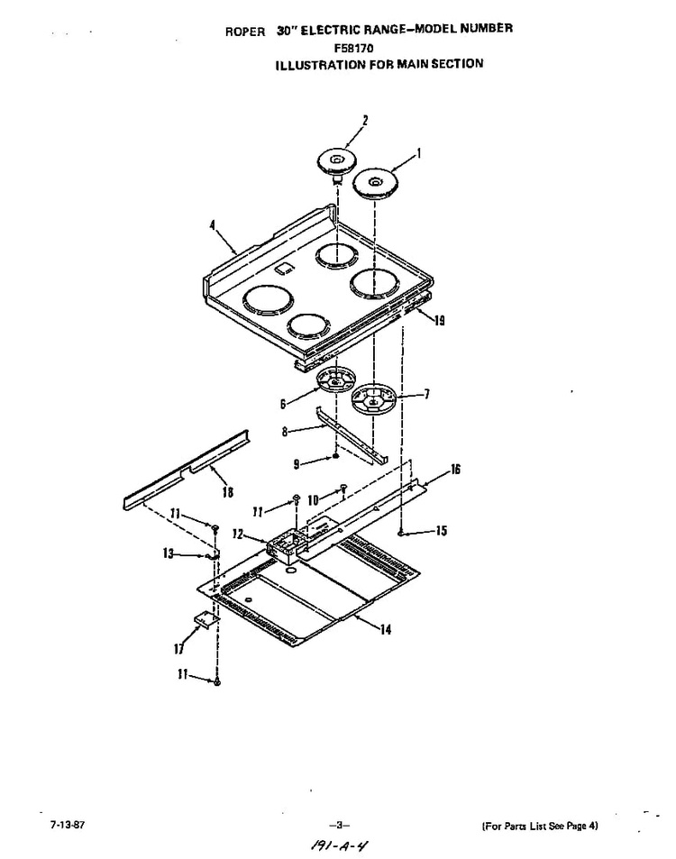 Main Top Diagram and Parts List for F5817*0  Roper Range