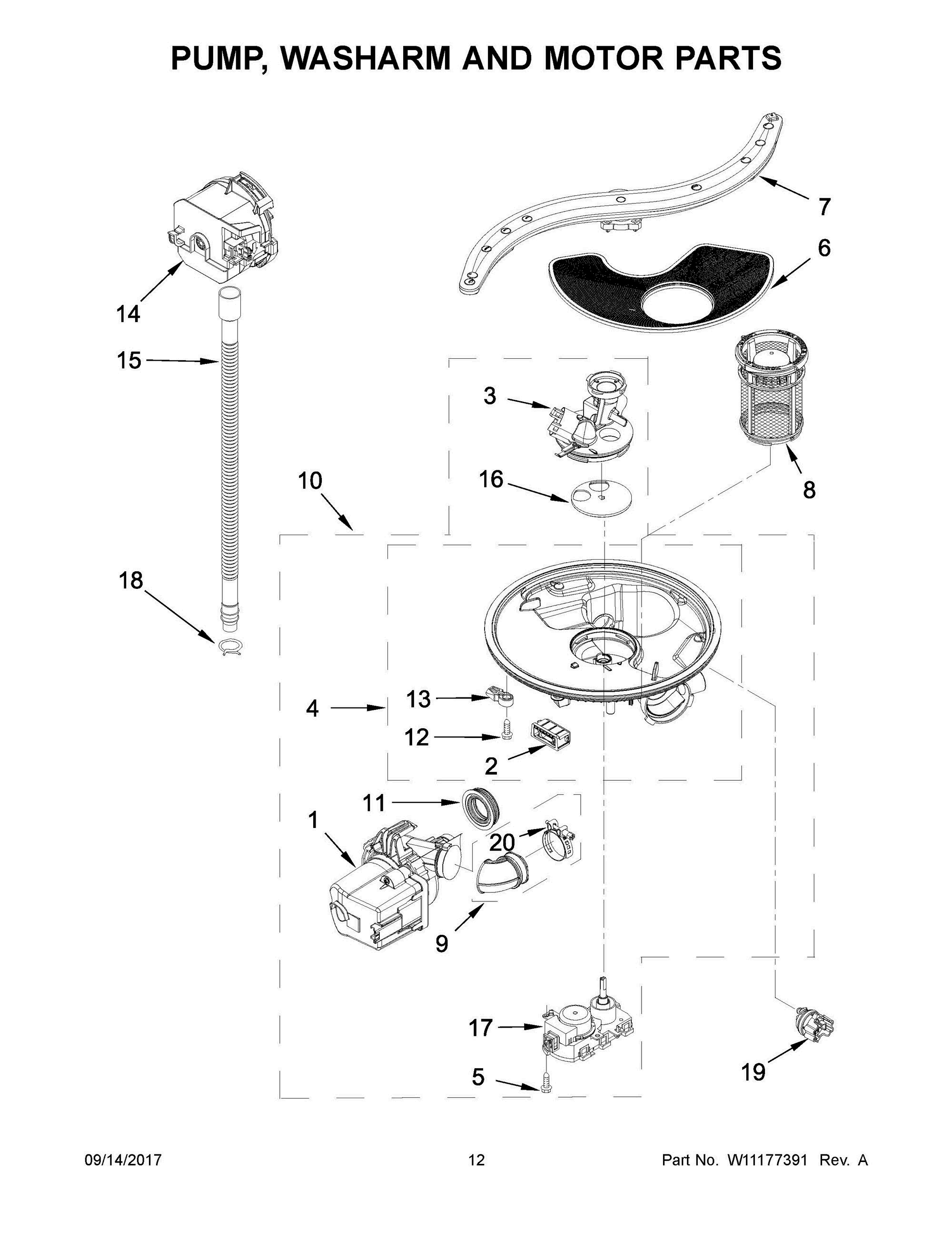 07 - PUMP, WASHARM AND MOTOR PARTS Diagram and Parts List for KDFE454CSS5  Whirlpool Dishwasher
