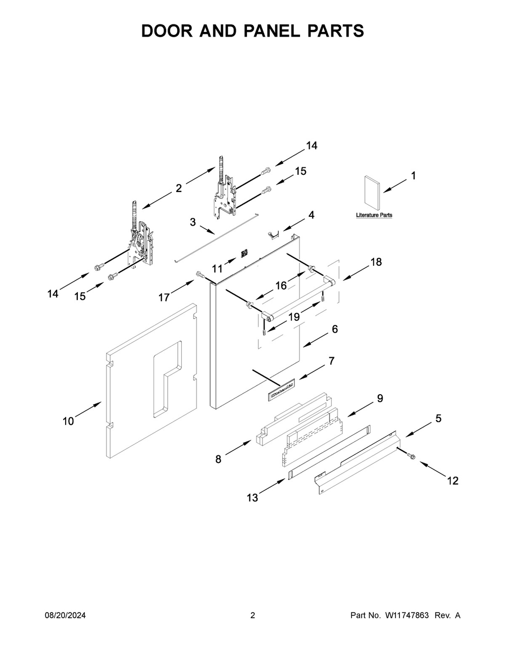 02 - Door And Panel Parts Diagram and Parts List for KDTM704KPS3  Whirlpool Dishwasher
