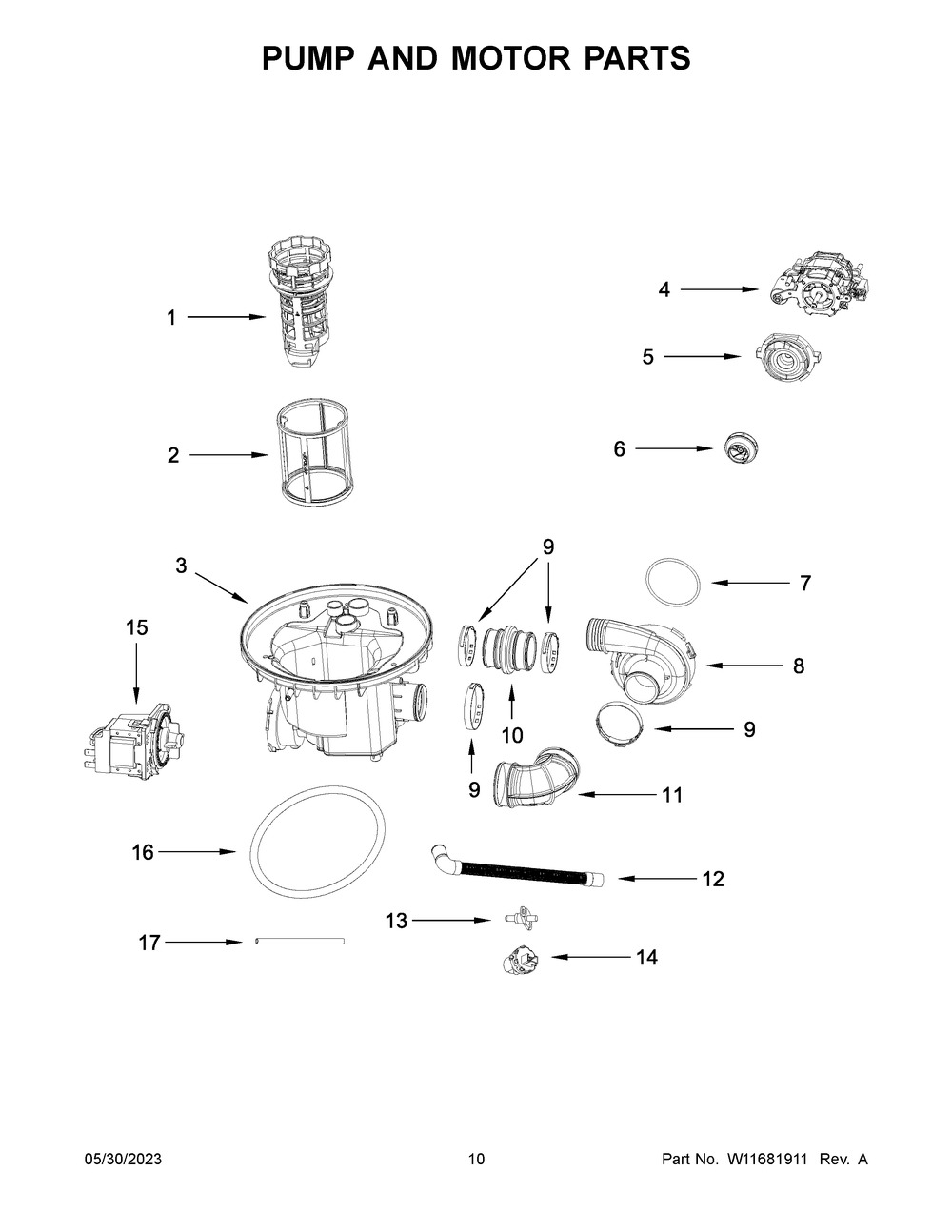 Pump And Motor Parts Diagram and Parts List for WDF518SAHB1  Whirlpool Dishwasher