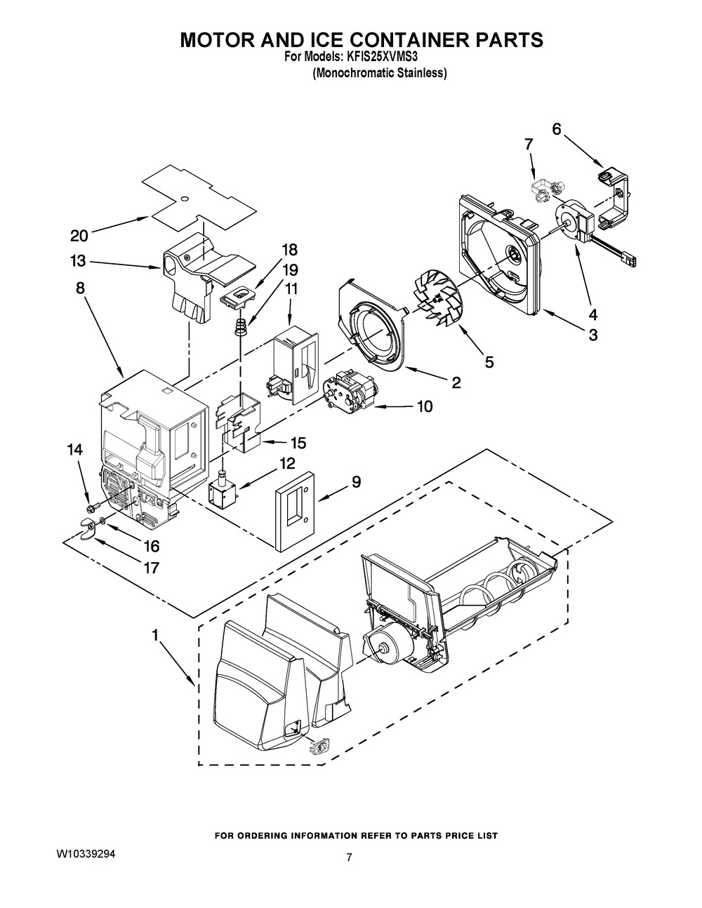 Motor And Ice Container Parts Diagram and Parts List for KFIS25XVMS3  Whirlpool Refrigerator