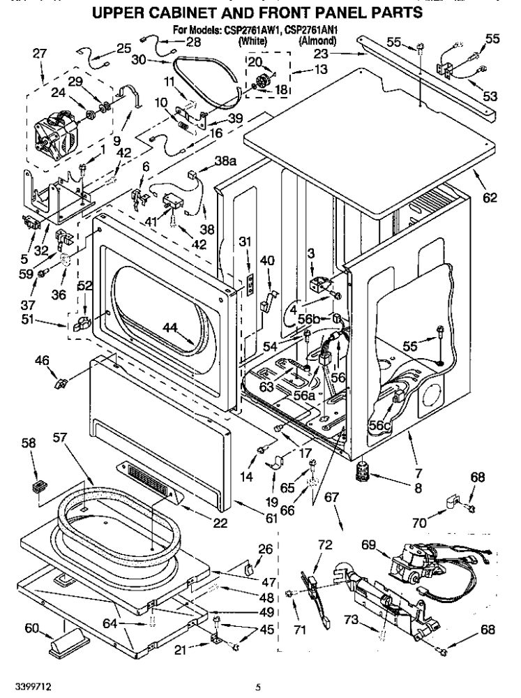 Upper Cabinet And Front Panel Diagram and Parts List for CSP2761AN1  Whirlpool Dryer