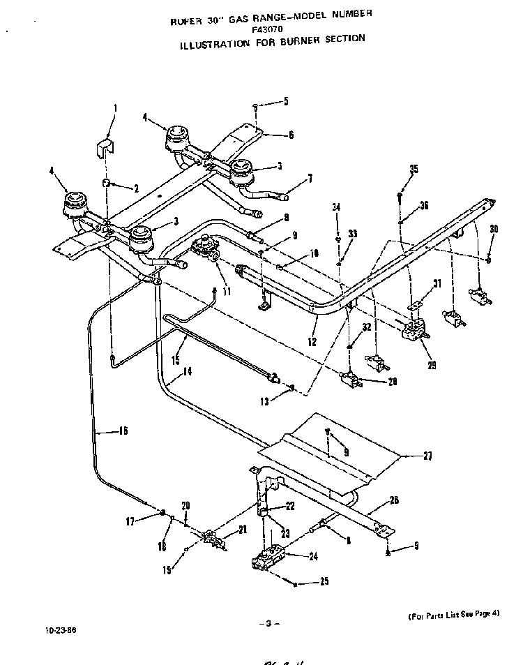 Burner Diagram and Parts List for F4307*0  Roper Range