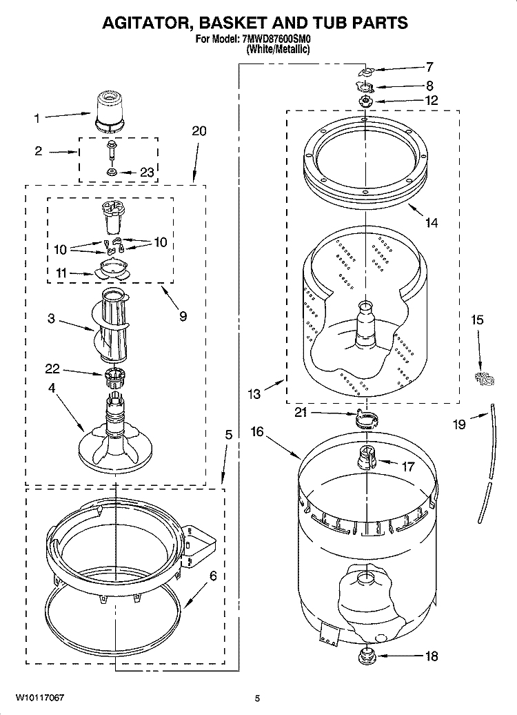 AGITATOR, BASKET AND TUB PARTS Diagram and Parts List for 7MWD87600SM0  Whirlpool Washer