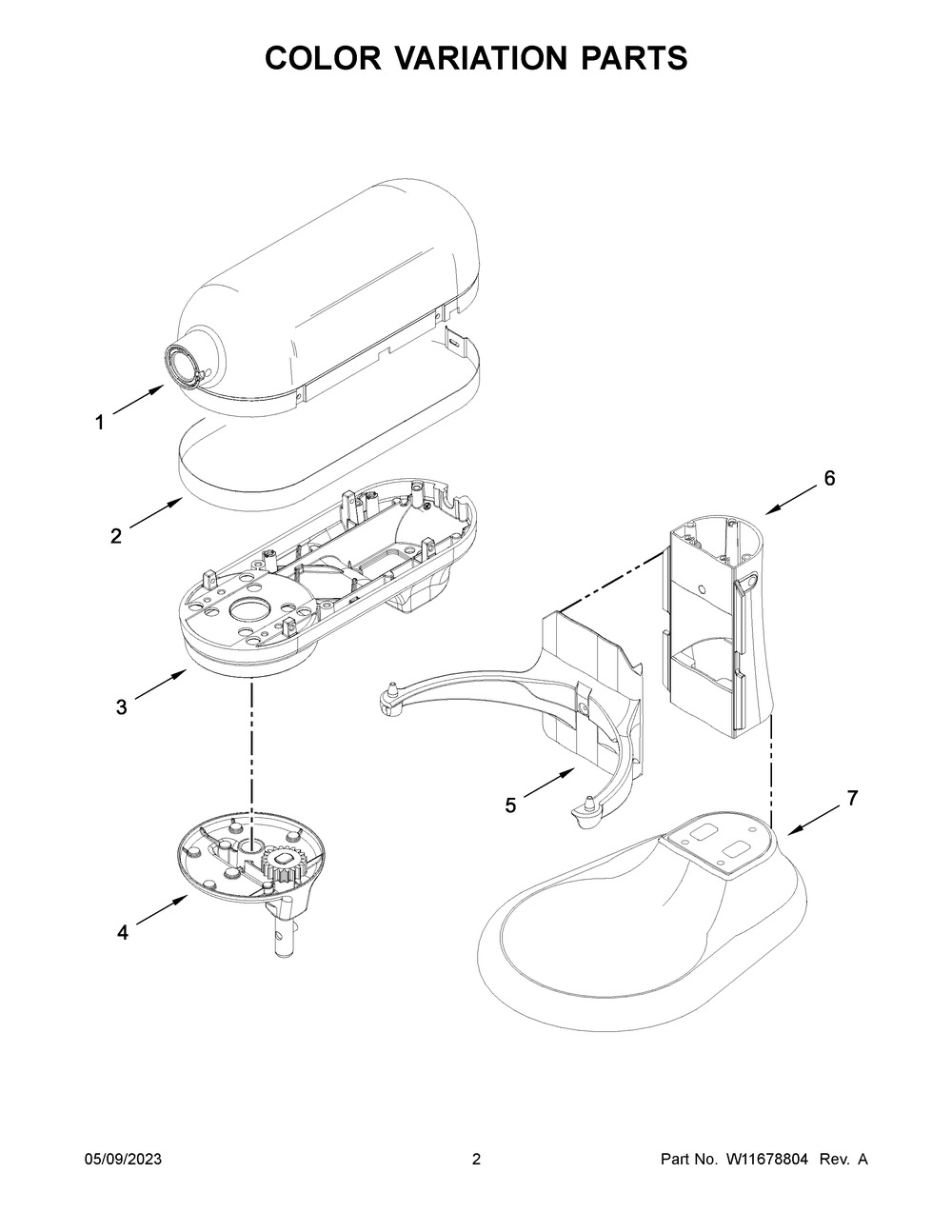 Color Variation Parts Diagram and Parts List for 5KSM70SKXZER0  KitchenAid Mixer