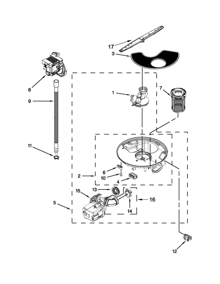 Pump, Washarm And Motor Parts Diagram and Parts List for WDF530PSYB6  Whirlpool Dishwasher