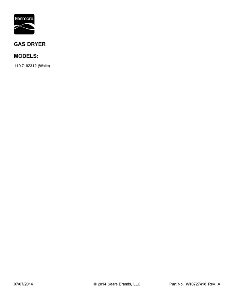 Cover Sheet Diagram and Parts List for 1107192312  Kenmore Dryer