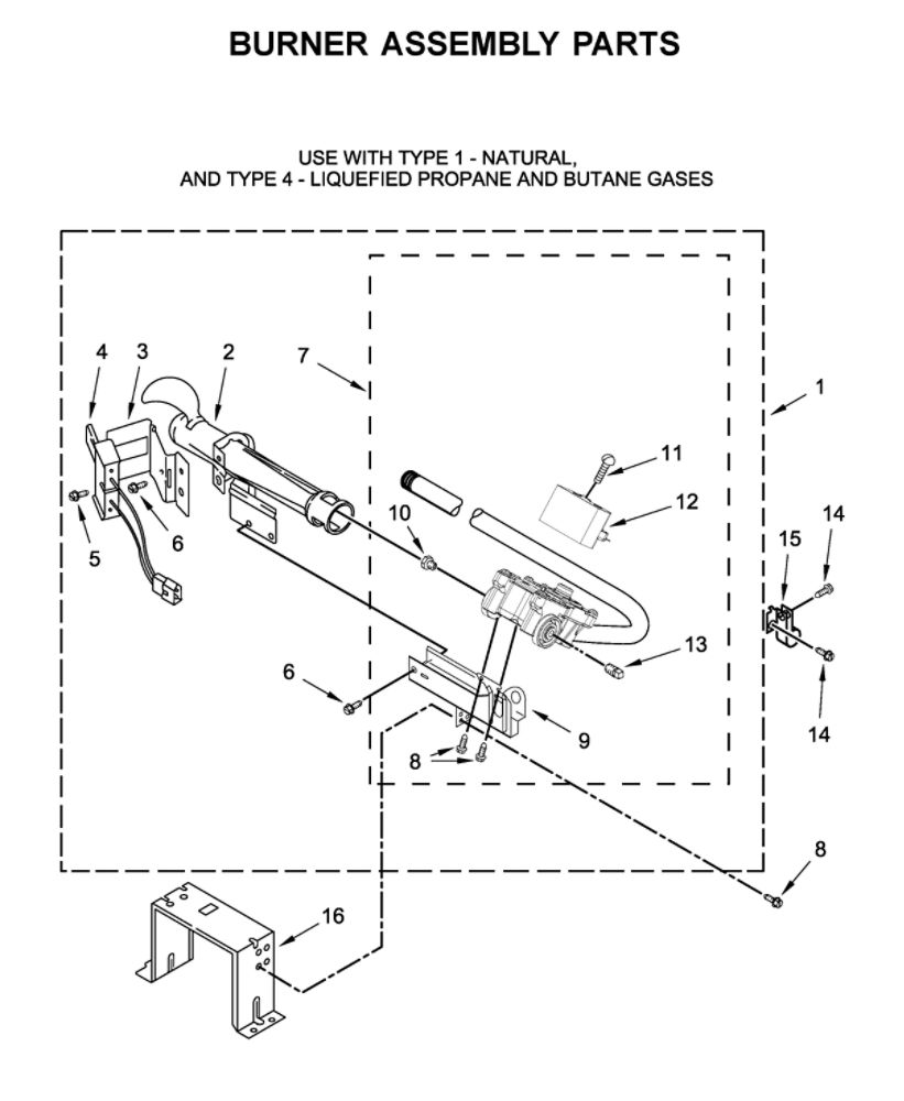 Burner Assembly Diagram and Parts List for WGD560LHW0  Whirlpool Dryer