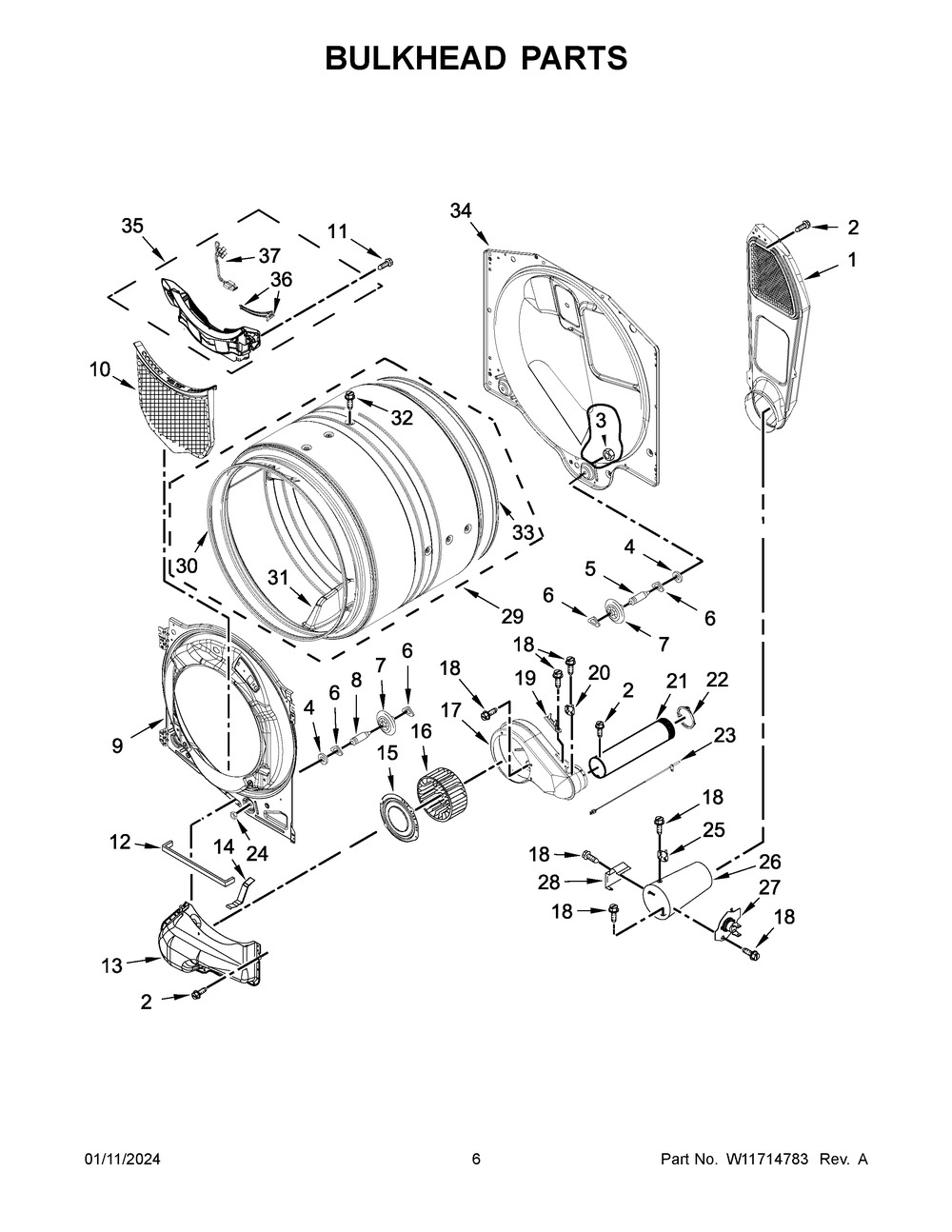 Bulkhead Parts Diagram and Parts List for 8TWGD5620HW2  Whirlpool Dryer