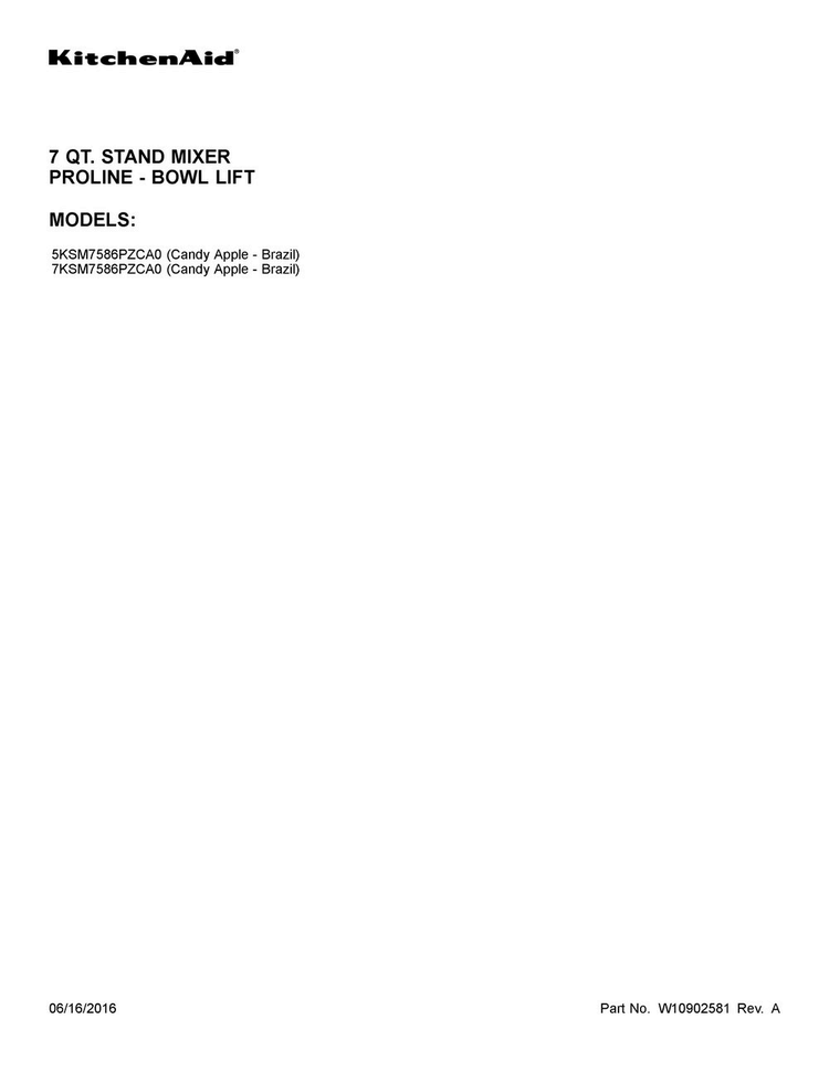 Cover Sheet Diagram and Parts List for 5KSM7586PZCA0  KitchenAid Mixer