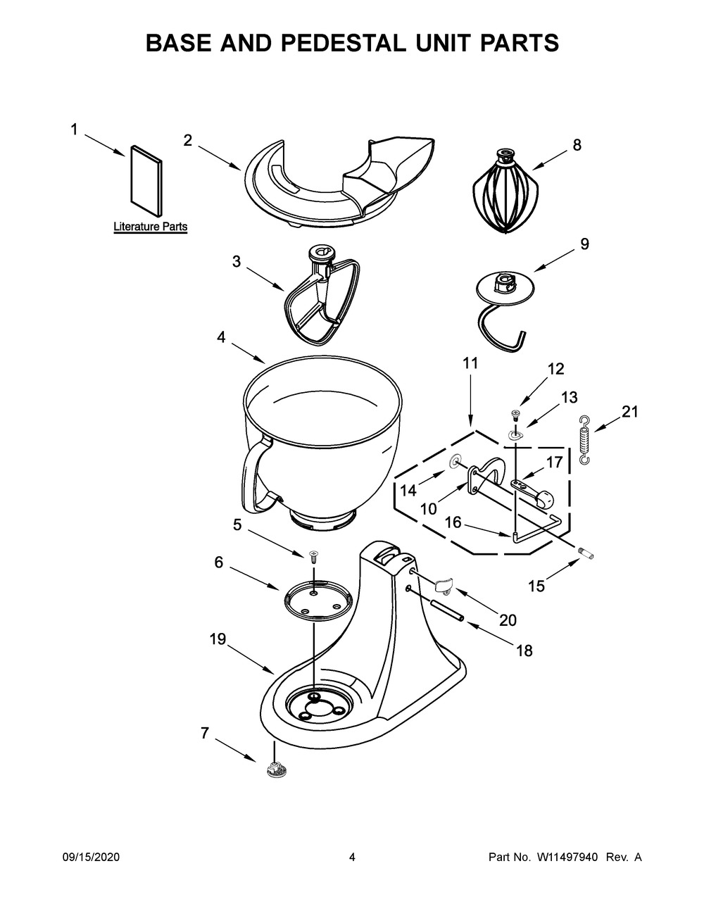 Base And Pedestal Unit Parts Diagram and Parts List for 5KSM150PSPCA0  Whirlpool Mixer
