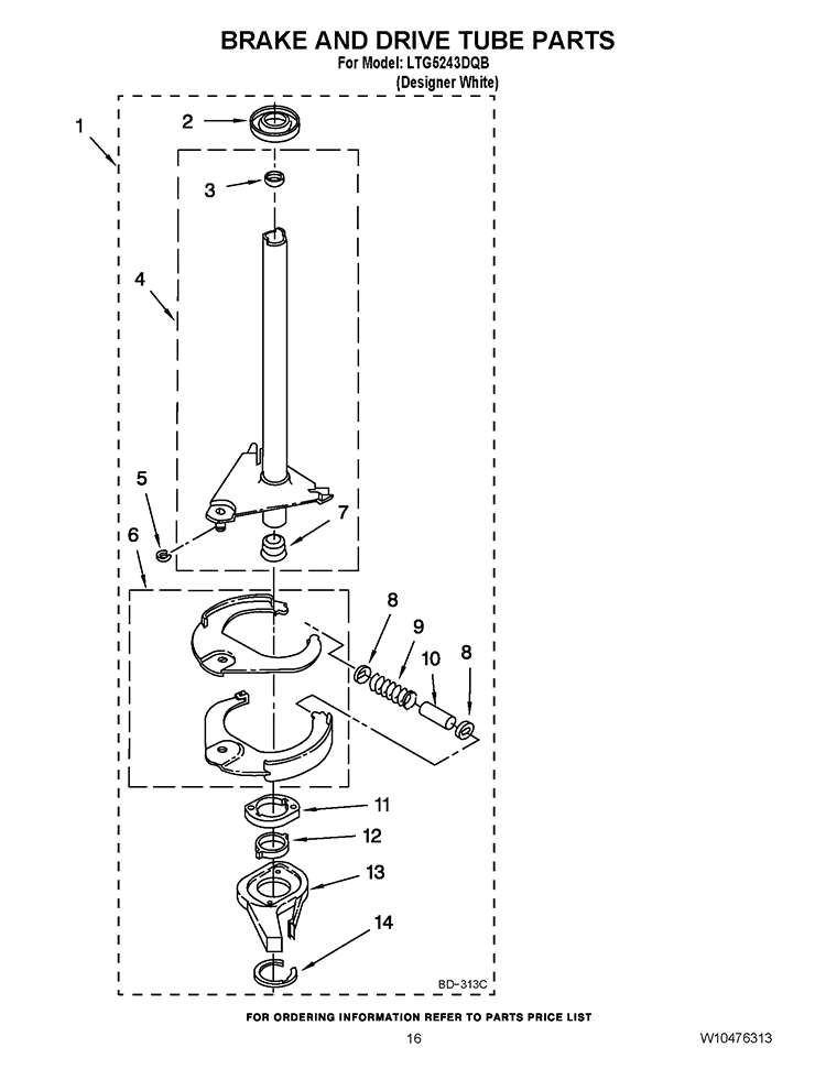 BRAKE AND DRIVE TUBE PARTS Diagram and Parts List for LTG5243DQB  Whirlpool Washer Dryer Combo