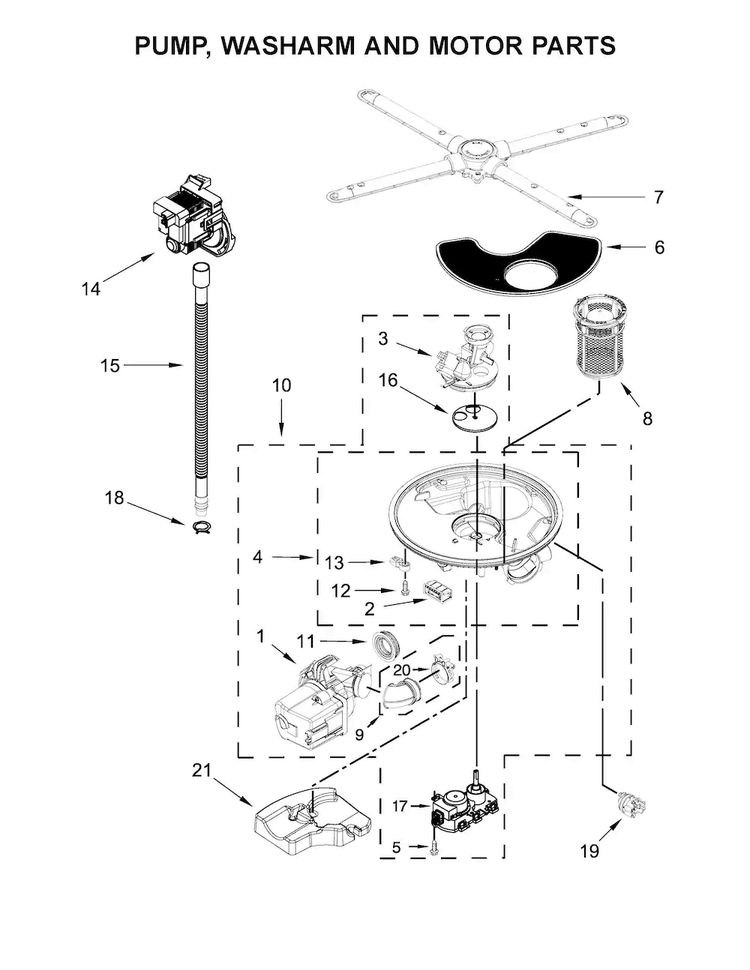 Pump, Washarm And Motor Parts Diagram and Parts List for KDFE104DWH5  KitchenAid Dishwasher