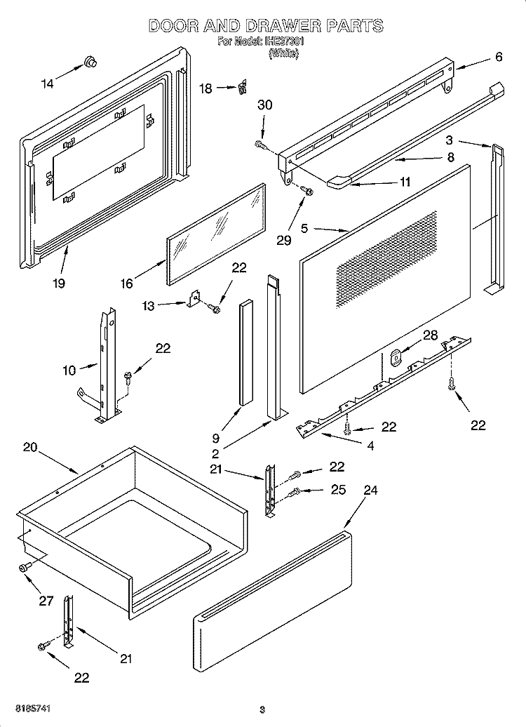 DOOR AND DRAWER PARTS Diagram and Parts List for IHE37301  Inglis Range