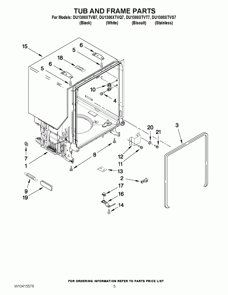 TUB AND FRAME PARTS Diagram and Parts List for DU1300XTVS7  Whirlpool Dishwasher