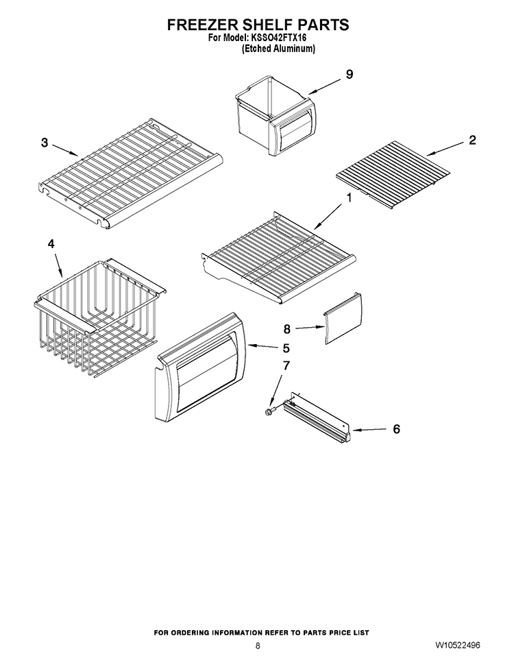 FREEZER SHELF PARTS Diagram and Parts List for KSSO42FTX16  KitchenAid Refrigerator