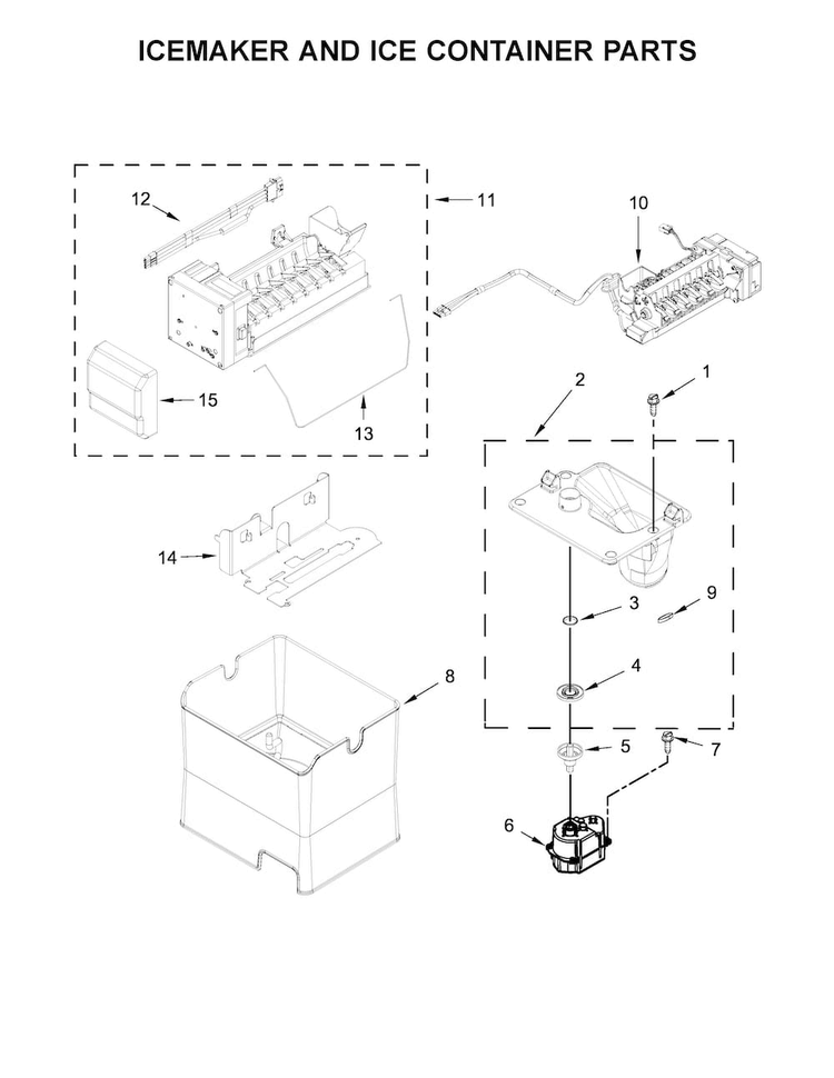 Icemaker And Ice Container Parts Diagram and Parts List for WRV986FDEM00  Whirlpool Refrigerator