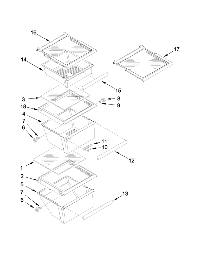 Refrigerator Shelf Parts Diagram and Parts List for WRS335FDDB00  Whirlpool Refrigerator