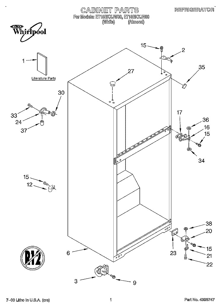 CABINET, LITERATURE Diagram and Parts List for ET18BKXJN00  Whirlpool Refrigerator