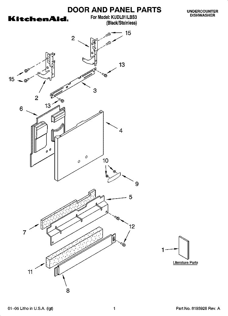 DOOR AND PANEL PARTS Diagram and Parts List for KUDL01ILBS3  KitchenAid Dishwasher