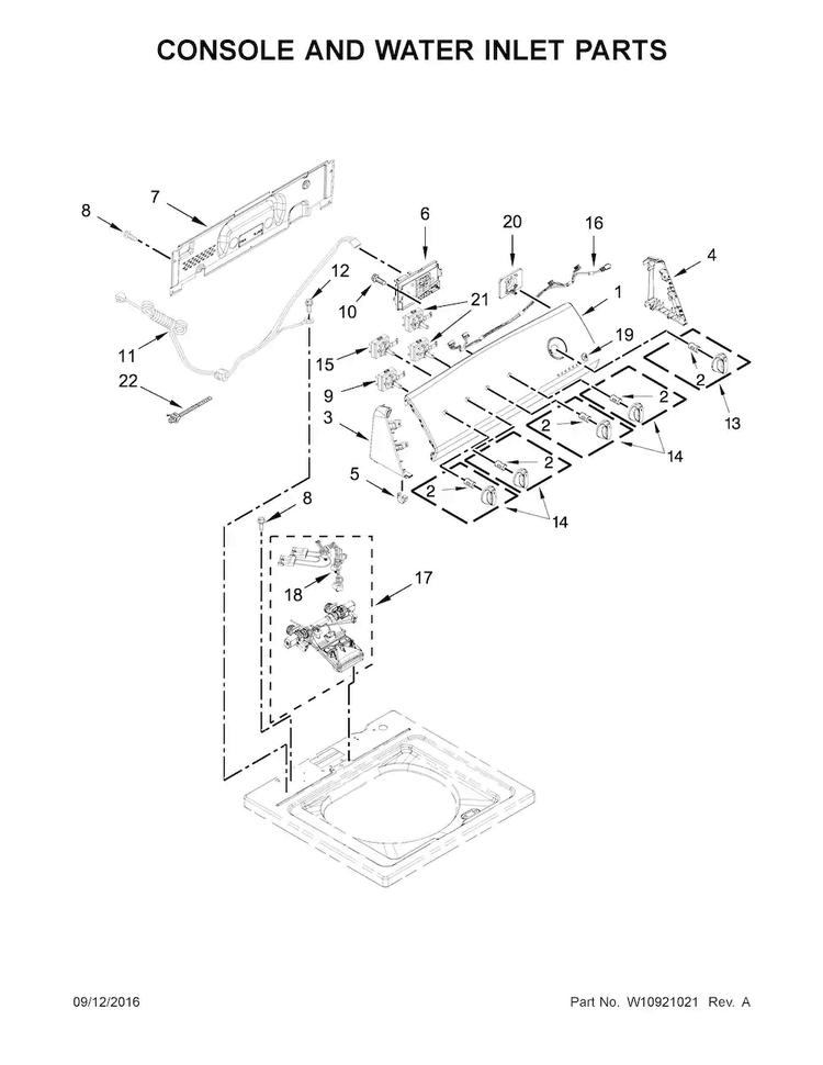 Console And Water Inlet Parts Diagram and Parts List for 11022442512  Kenmore Washer
