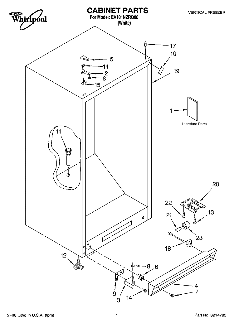 CABINET PARTS Diagram and Parts List for EV181NZRQ00  Whirlpool Freezer