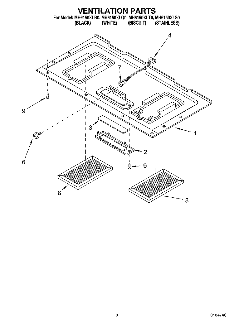 VENTILATION Diagram and Parts List for MH6150XLB0  Whirlpool Microwave