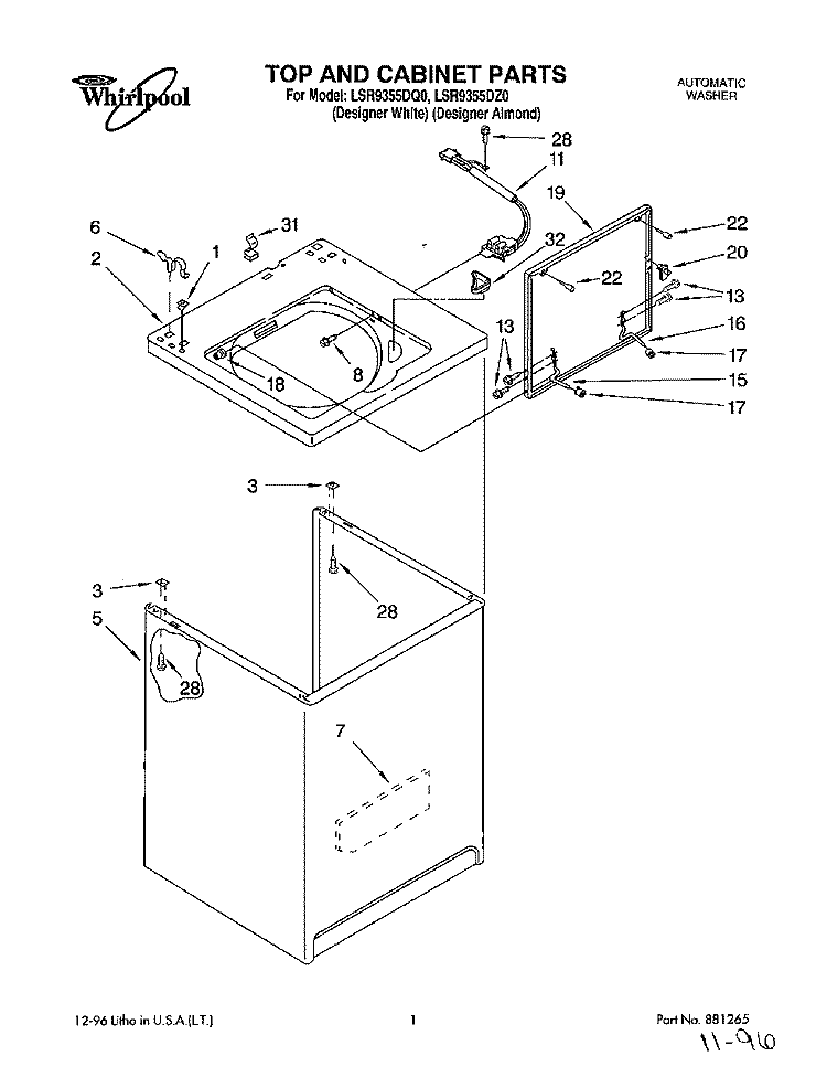 TOP AND CABINET, LIT/OPTIONAL Diagram and Parts List for LSR9355DZ0  Whirlpool Washer