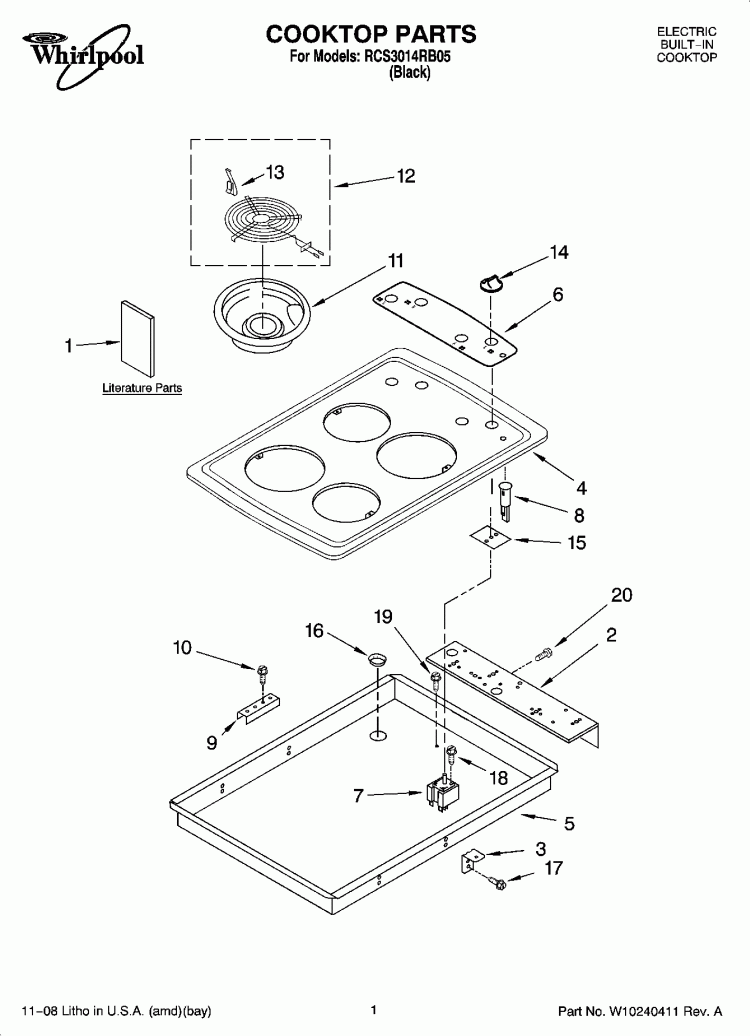 COOKTOP PARTS Diagram and Parts List for RCS3014RB05  Whirlpool Cooktop