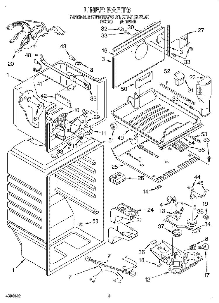 LINER Diagram and Parts List for KTRS19KFWH01  KitchenAid Refrigerator