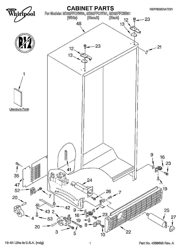 CABINET, LITERATURE Diagram and Parts List for GD25FFCHT01  Whirlpool Refrigerator