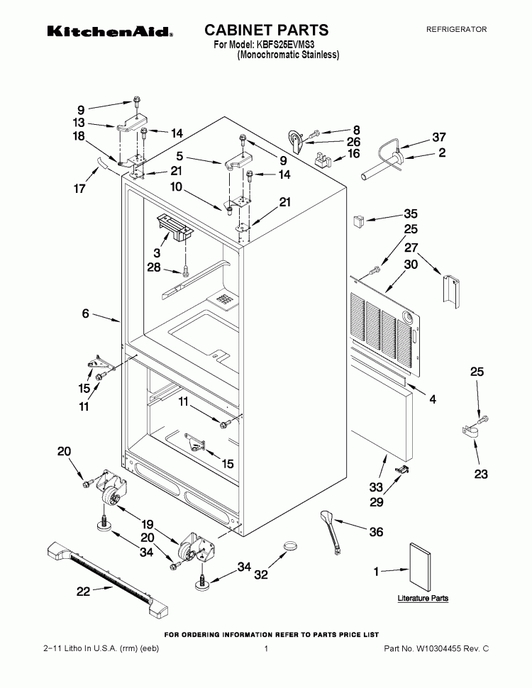 CABINET PARTS Diagram and Parts List for KBFS25EVMS3  KitchenAid Refrigerator