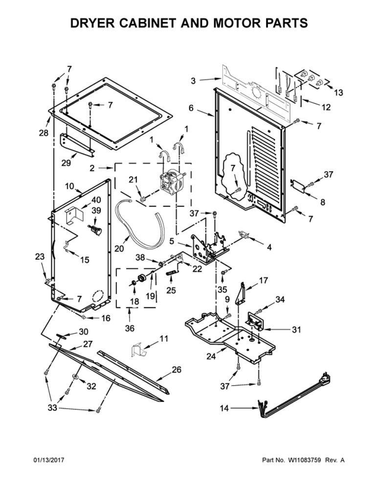 Dryer Cabinet And Motor Parts Diagram and Parts List for WGT4027EW1  Whirlpool Washer Dryer Combo