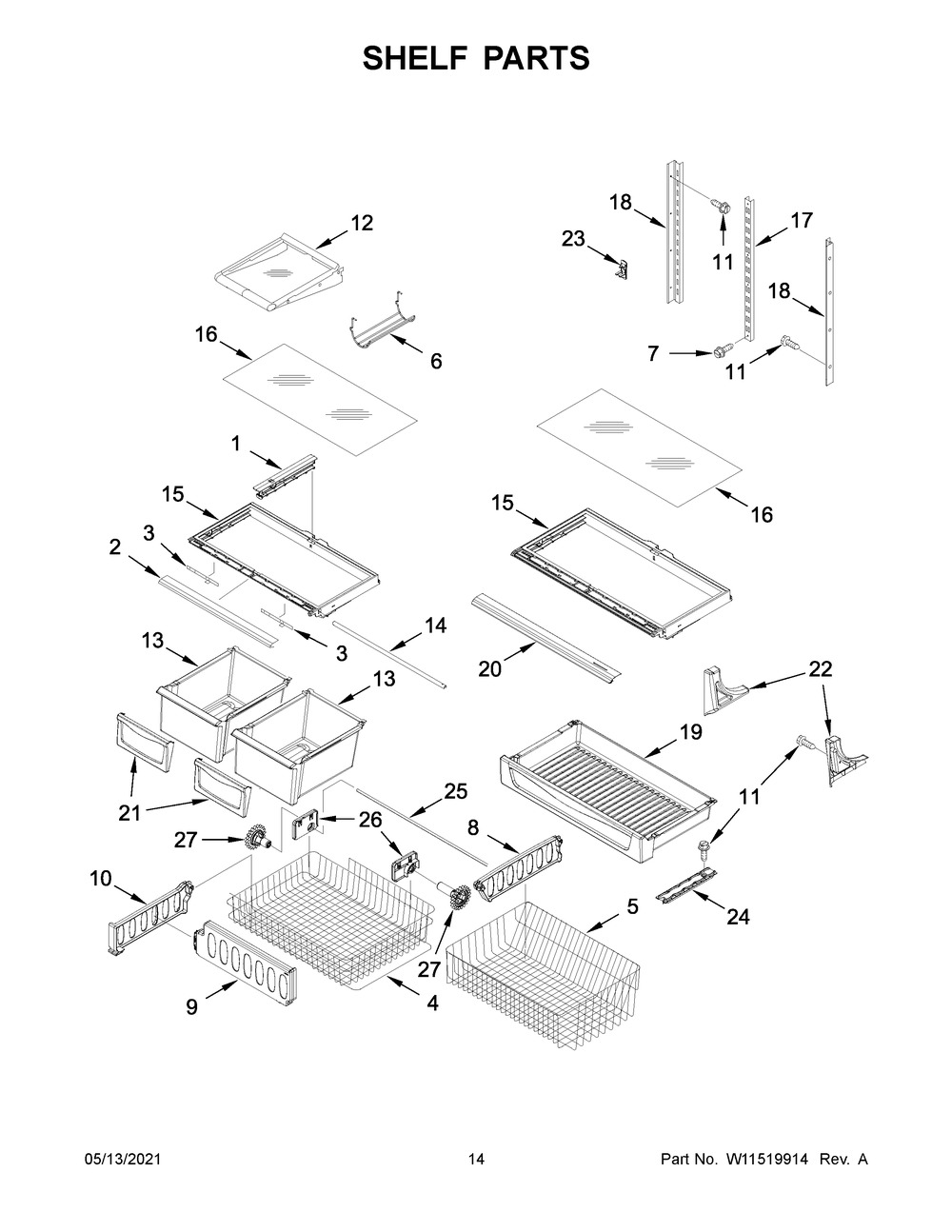 Shelf Parts Diagram and Parts List for KRBR102ESS03  Whirlpool Refrigerator