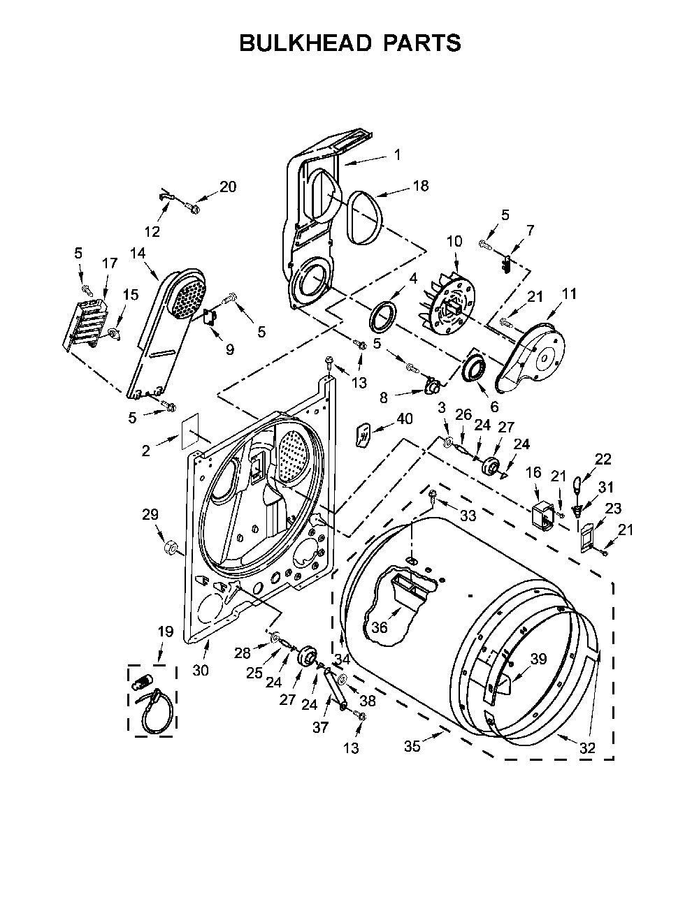 Bulkhead parts Diagram and Parts List for 110C66132411  Kenmore Dryer