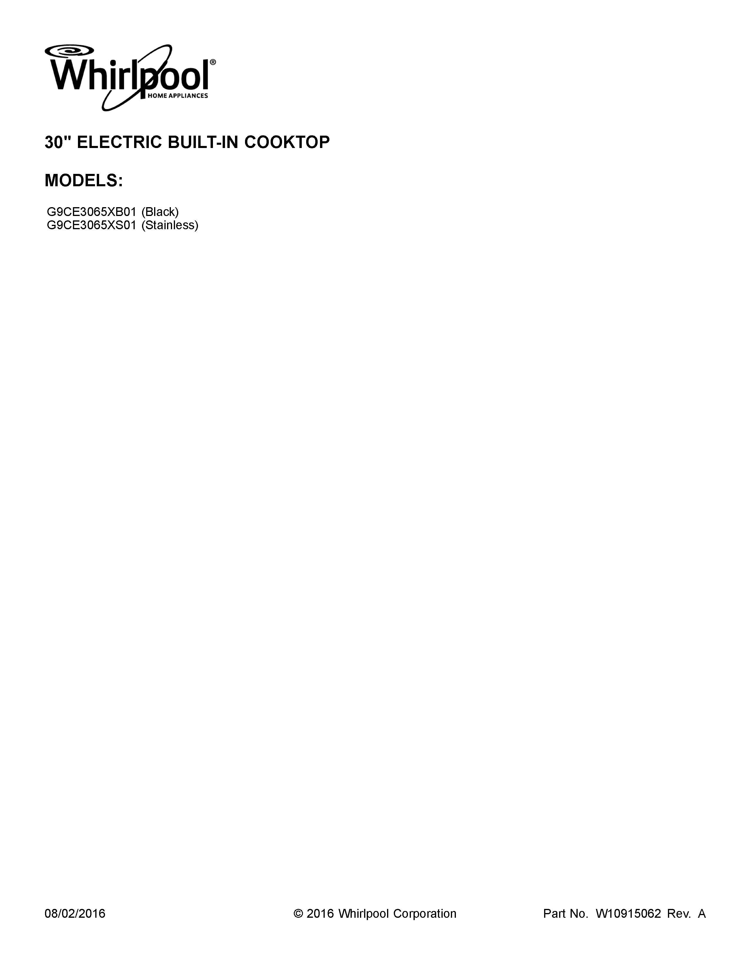 Cover Sheet Diagram and Parts List for G9CE3065XB01  Whirlpool Cooktop