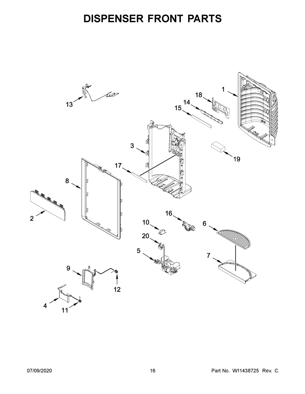 Dispenser Front Parts Diagram and Parts List for KRFC604FSS03  Whirlpool Refrigerator
