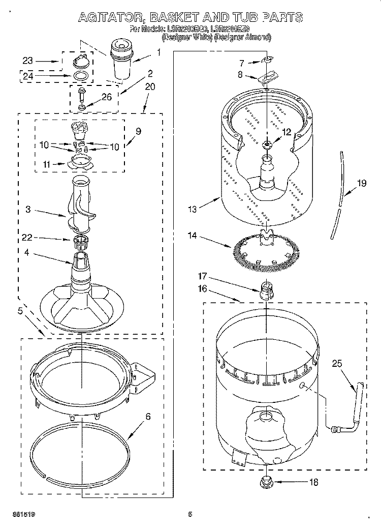 AGITATOR, BASKET AND TUB Diagram and Parts List for LSR8200EZ0  Whirlpool Washer