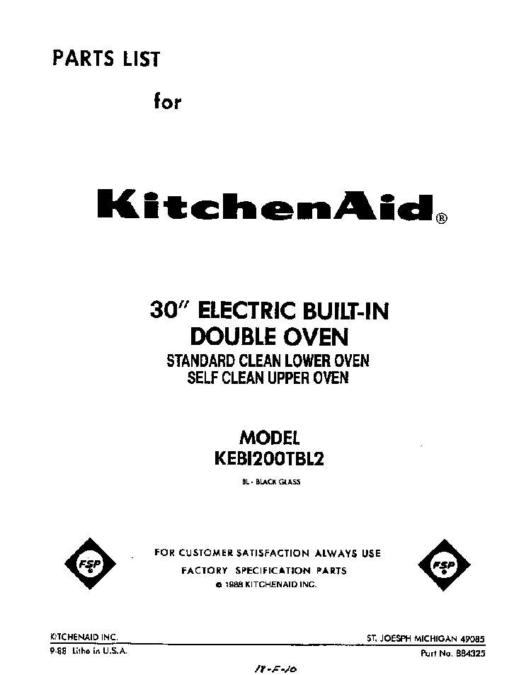 Front Cover Diagram and Parts List for KEBI200TBL0  KitchenAid Wall Oven